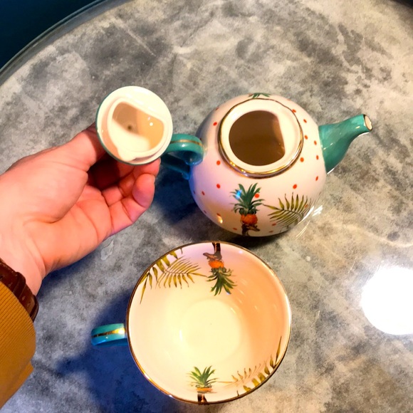 Anthropologie • Teapot & Cup Steamer Set • Porcelain • Hand painted • 🦒🌴🍍 - Picture 5 of 6